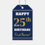 [ Thumbnail: Blue, Faux Gold 25th Birthday + Custom Name Gift Tags ]