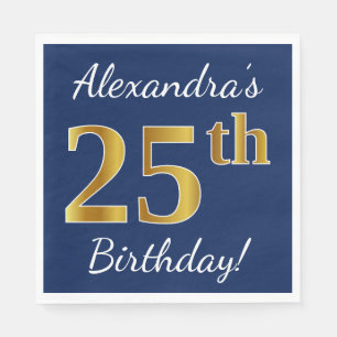 Blue, Faux Gold 25th Birthday + Custom Name Paper Napkins