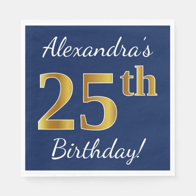 Blue, Faux Gold 25th Birthday + Custom Name Paper Napkins (Front)