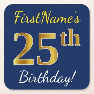 Blue, Faux Gold 25th Birthday + Custom Name Square Paper Coaster
