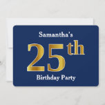 [ Thumbnail: Blue, Faux Gold 25th Birthday Party + Custom Name Invitation ]