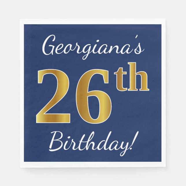 Blue, Faux Gold 26th Birthday + Custom Name Napkins (Front)
