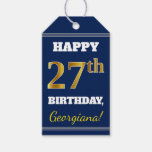 [ Thumbnail: Blue, Faux Gold 27th Birthday + Custom Name Gift Tags ]