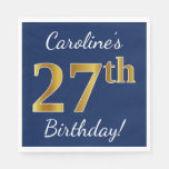 [ Thumbnail: Blue, Faux Gold 27th Birthday + Custom Name Napkin ]