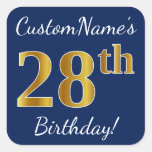 [ Thumbnail: Blue, Faux Gold 28th Birthday + Custom Name Sticker ]
