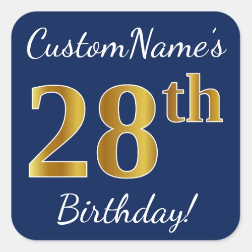 Blue Faux Gold 28th Birthday  Custom Name Square Sticker