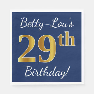 Blue, Faux Gold 29th Birthday + Custom Name Napkins