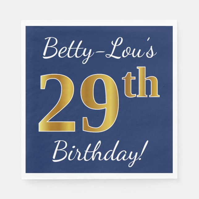 Blue, Faux Gold 29th Birthday + Custom Name Napkins (Front)