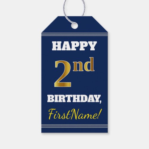 Blue Faux Gold 2nd Birthday  Custom Name Gift Tags