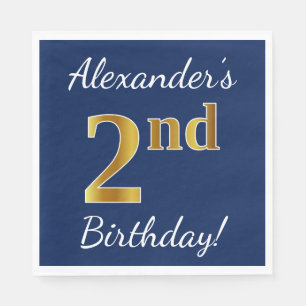 Blue, Faux Gold 2nd Birthday + Custom Name Paper Napkins