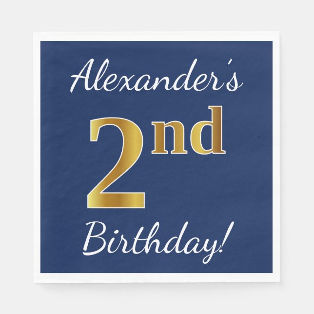 Blue, Faux Gold 2nd Birthday + Custom Name Paper Napkins (Front)
