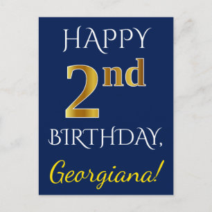 Blue, Faux Gold 2nd Birthday + Custom Name Postcard