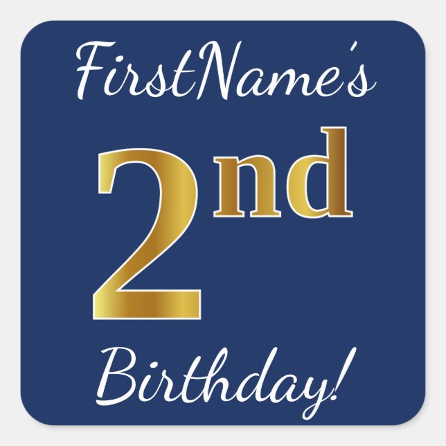 Blue, Faux Gold 2nd Birthday + Custom Name Sticker (Front)