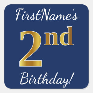 Blue, Faux Gold 2nd Birthday + Custom Name Sticker