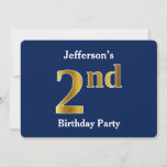 [ Thumbnail: Blue, Faux Gold 2nd Birthday Party + Custom Name Invitation ]