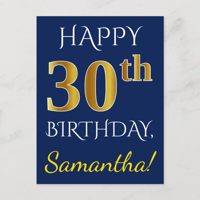 Blue, Faux Gold 30th Birthday + Custom Name Postcard (Front)