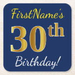 [ Thumbnail: Blue, Faux Gold 30th Birthday + Custom Name Paper Coaster ]