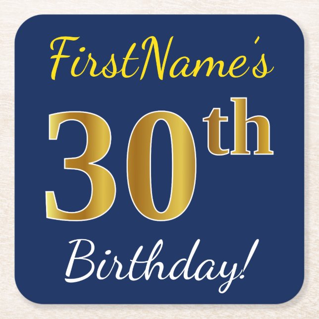 Blue, Faux Gold 30th Birthday + Custom Name Square Paper Coaster (Front)