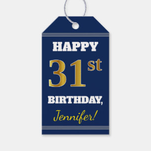 Blue, Faux Gold 31st Birthday + Custom Name Gift Tags