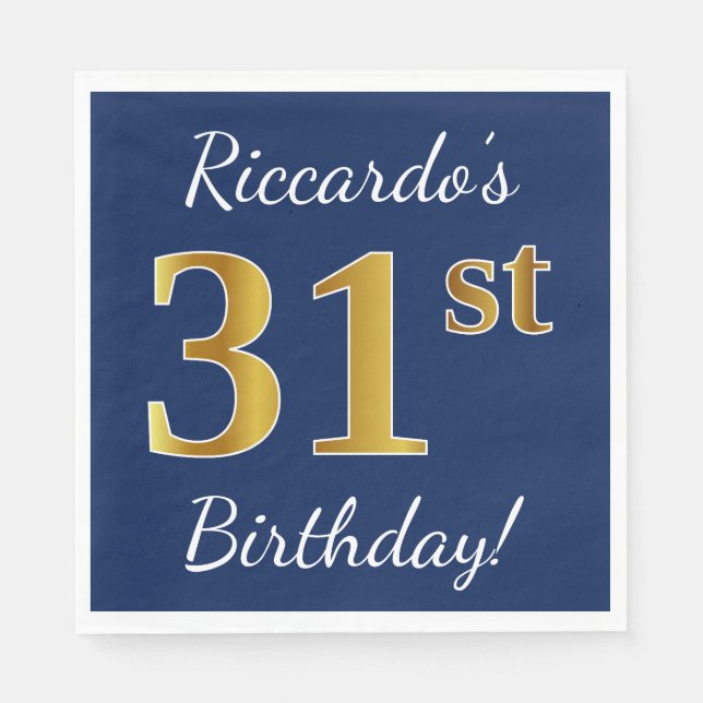 Blue, Faux Gold 31st Birthday + Custom Name Napkins (Front)