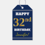 [ Thumbnail: Blue, Faux Gold 32nd Birthday + Custom Name Gift Tags ]