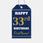 [ Thumbnail: Blue, Faux Gold 33rd Birthday + Custom Name Gift Tags ]