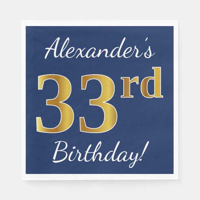 Blue, Faux Gold 33rd Birthday + Custom Name Napkins (Front)
