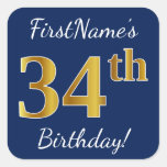 [ Thumbnail: Blue, Faux Gold 34th Birthday + Custom Name Sticker ]