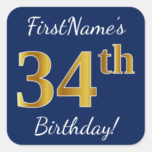 Blue Faux Gold 34th Birthday  Custom Name Square Sticker