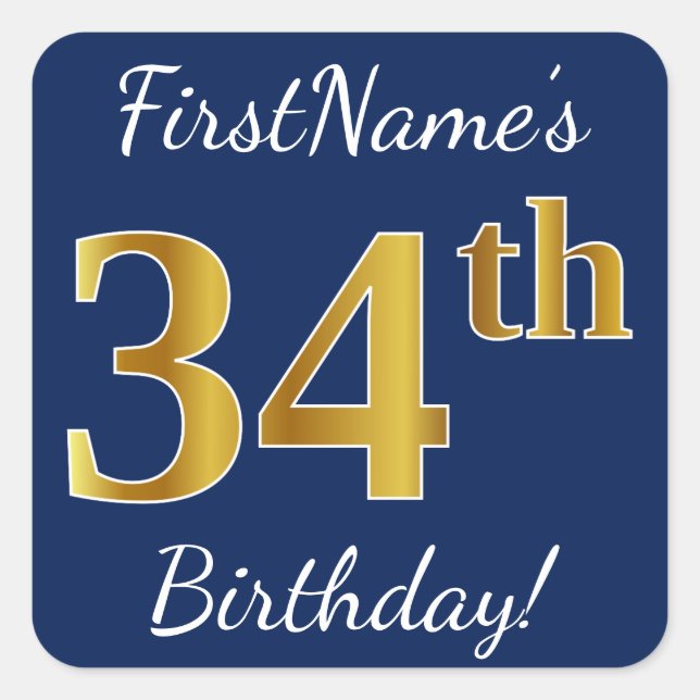 Blue, Faux Gold 34th Birthday + Custom Name Square Sticker (Front)