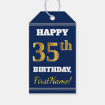[ Thumbnail: Blue, Faux Gold 35th Birthday + Custom Name Gift Tags ]