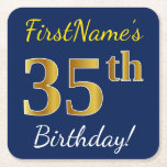[ Thumbnail: Blue, Faux Gold 35th Birthday + Custom Name Paper Coaster ]