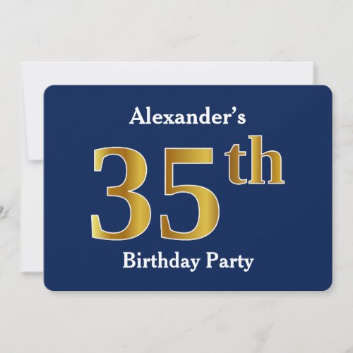 Blue Faux Gold 35th Birthday Party  Custom Name Invitation