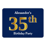[ Thumbnail: Blue, Faux Gold 35th Birthday Party + Custom Name Invitation ]