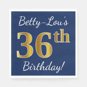 Blue, Faux Gold 36th Birthday + Custom Name Napkins
