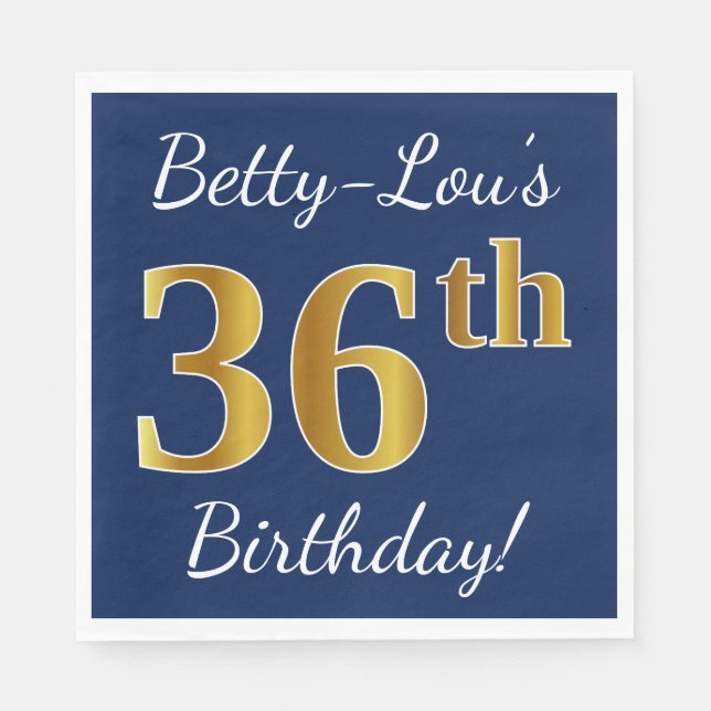 Blue, Faux Gold 36th Birthday + Custom Name Napkins (Front)