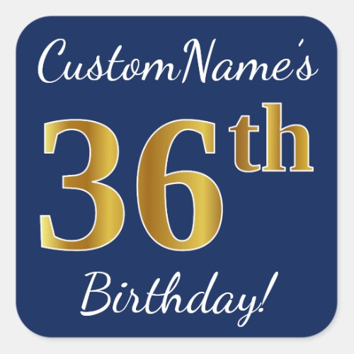 Blue Faux Gold 36th Birthday  Custom Name Square Sticker
