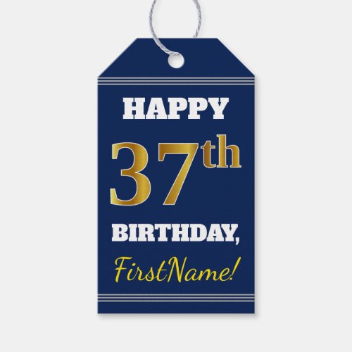 Blue Faux Gold 37th Birthday  Custom Name Gift Tags