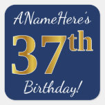 [ Thumbnail: Blue, Faux Gold 37th Birthday + Custom Name Sticker ]