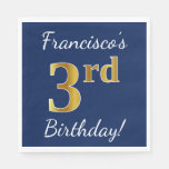 [ Thumbnail: Blue, Faux Gold 3rd Birthday + Custom Name Paper Napkin ]