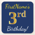 [ Thumbnail: Blue, Faux Gold 3rd Birthday + Custom Name Paper Coaster ]