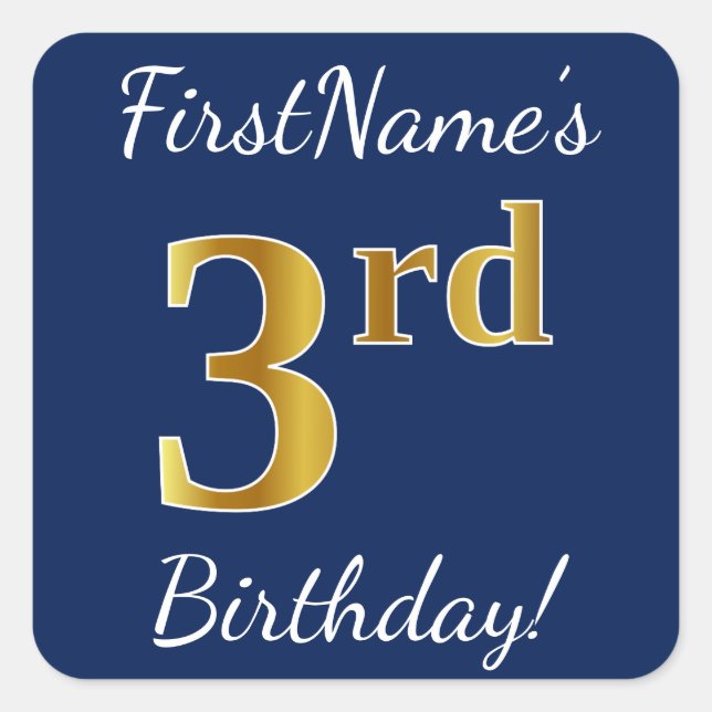 Blue, Faux Gold 3rd Birthday + Custom Name Sticker (Front)