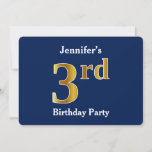 [ Thumbnail: Blue, Faux Gold 3rd Birthday Party + Custom Names Invitation ]
