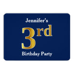 [ Thumbnail: Blue, Faux Gold 3rd Birthday Party + Custom Names Invitation ]