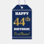 [ Thumbnail: Blue, Faux Gold 44th Birthday + Custom Name Gift Tags ]