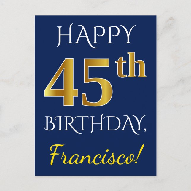 Blue, Faux Gold 45th Birthday + Custom Name Postcard (Front)