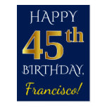 [ Thumbnail: Blue, Faux Gold 45th Birthday + Custom Name Postcard ]