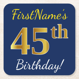 Blue, Faux Gold 45th Birthday + Custom Name Square Paper Coaster