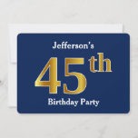[ Thumbnail: Blue, Faux Gold 45th Birthday Party + Custom Name Invitation ]