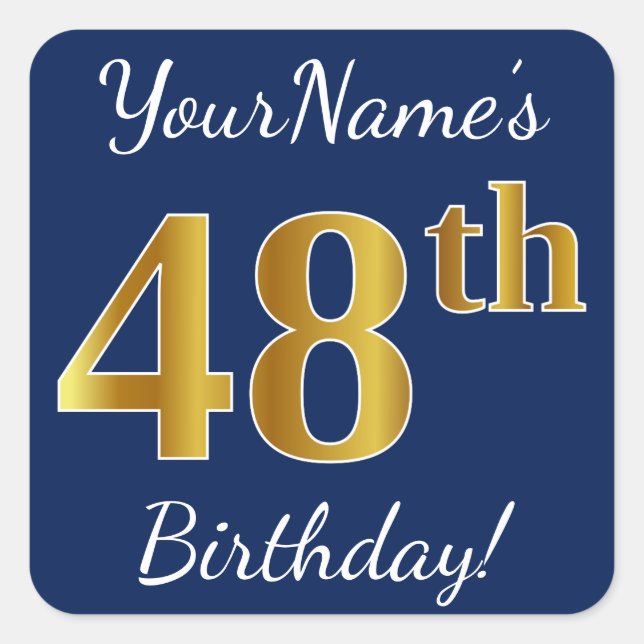 Blue, Faux Gold 48th Birthday + Custom Name Square Sticker (Front)